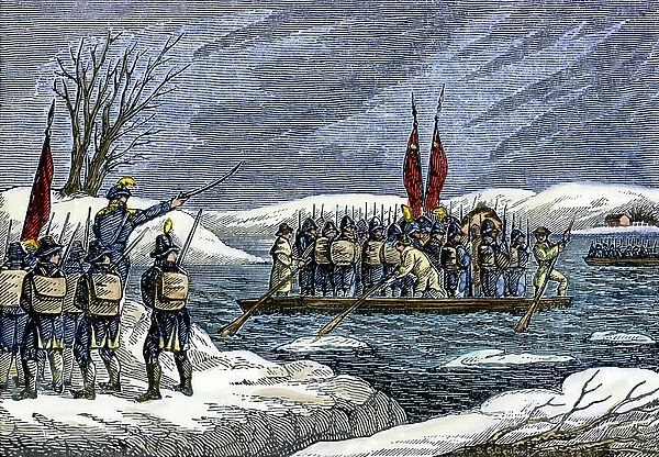 War of Independence or American Revolution (1775-1783): General George Washington's continental army (1732-1799) crosses the Delaware River during the night to attack by surprise the city of Trenton (New Jersey), December 1776