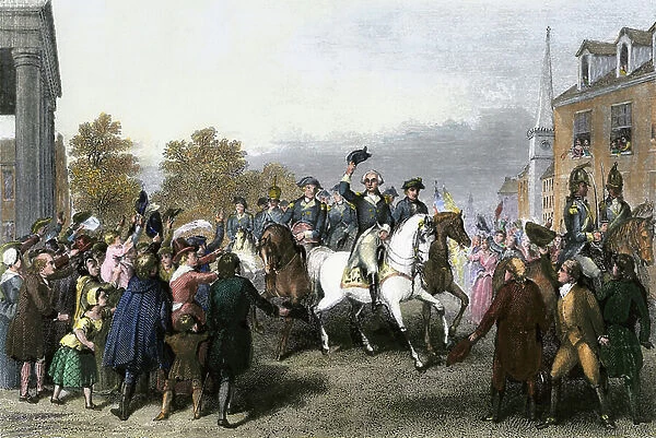War of Independence or American Revolution (1775-1783): George Washington (1732-1799), Chief of Staff of the Continental Army, and his troops, making a triumphant entrance to New York City after the British left on 25 Nov. 1783