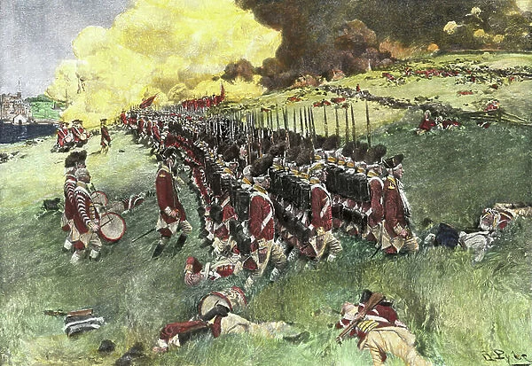 War of Independence of the United States of America (1775-1783): English troops marched in ranks at Breed's Hill after the Battle of Bunker Hill, 1775. Coloured engraving after an illustration by Howard Pyle