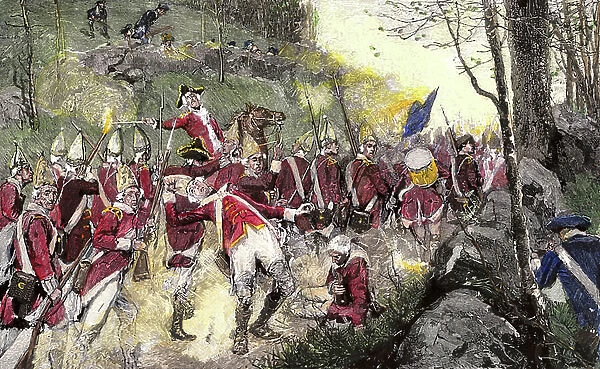 War of Independence of the United States of America (1775-1783): English retreat after the battle of Concord under the fire of the Minutemen in ambush, 1775. Colourful engraving from the 19th century after an illustration by Howard Pyle