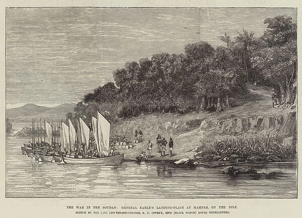 The War in the Soudan, General Earles Landing-Place at Hamdab, on the Nile (engraving)