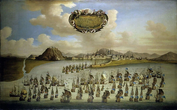 War of the Spanish Succession, 1701-1714: The rescue of Barcelona (Spain), 30 April 1706, aerial view of the Anglo-Dutch (Anglo-Dutch) fleet in the port, with description of the buildings of Barcelona and the Collserola mountain range