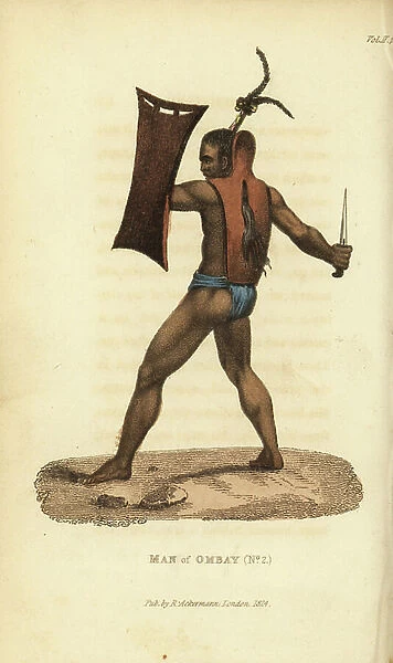 Warrior of Ombai with armour, shield and kris. He wears his hair tied up in a plume. Man of Ombai Island (Ombay), Indonesia. Handcoloured copperplate engraving after an illustration by Jacques Arago from Frederic Shoberl's The World in Miniature