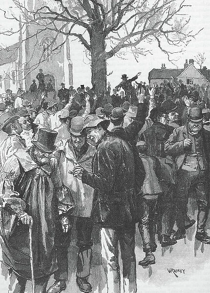 Warwickshire farm labourers strike meeting of 1872 at Whitnash near Wellesbourne, led by Joseph Arch. Engraving c1880