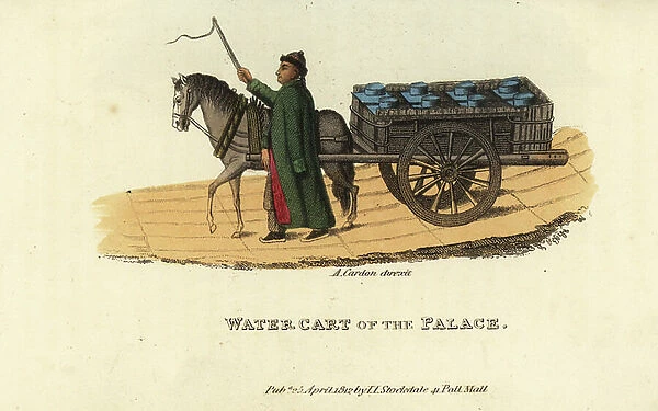 Water cart for the Imperial Family, Qing Dynasty China. The wagon is loaded with cubical tin vessels filled with river water. Handcoloured copperplate engraving by Andrea Freschi after Antoine Cardon from Henri-Leonard-Jean-Baptiste Bertin