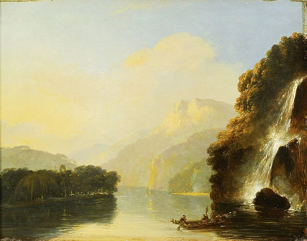 Waterfall in Dusky Bay with a Maori canoe, 18th century (oil on panel)