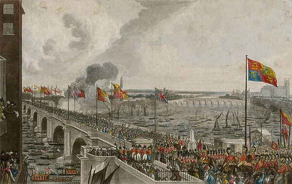Waterloo Bridge, London (coloured engraving)