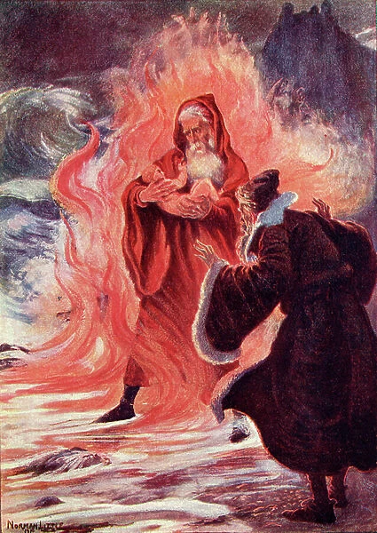 And down the wave and in the flame was borne a naked babe, and rode to Merlin's feet. Title of coloured illustration from the book The Gateway to Tennyson published 1910