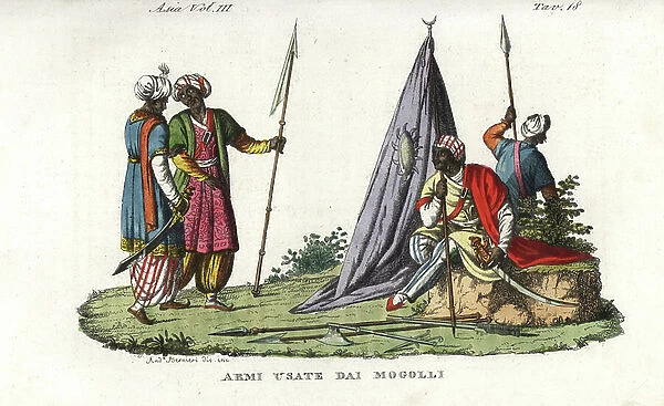 Weapons used by the Mughal soldiers: scimitar, lance, axe and musket. Handcoloured copperplate drawn and engraved by Andrea Bernieri from Giulio Ferrario's Ancient and Modern Costumes of all the Peoples of the World, Florence, Italy, 1844