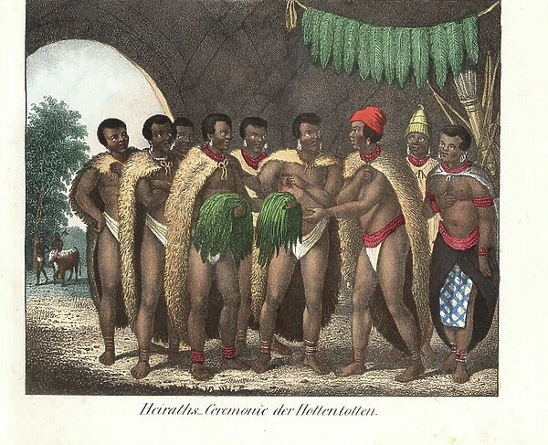 Wedding ceremony among the khoikhoi (South Africa) in loincloth and fur cloak, the men all wear earrings and ankle bracelets. Lithography for the book: ' Galerie complete en tableaux fideles des peuples d'Afrique' by Friedrich Wilhelm Goedsche