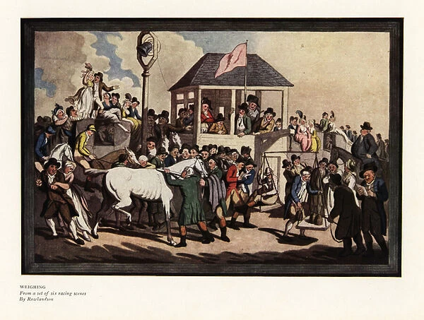 Weighing a jockey on a set of scales at a race track, 1789. A crowd of punters, race fans, and gamblers watching. Color print after an engraving by from an illustration by in Ralph Nevills Old Sporting Prints, The Connoisseur Magazine, London