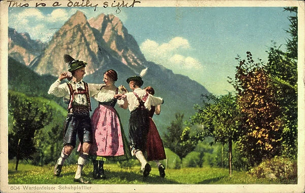 Werdenfelser Schuhplattler, Bavarian costumes, mountains (postcard)