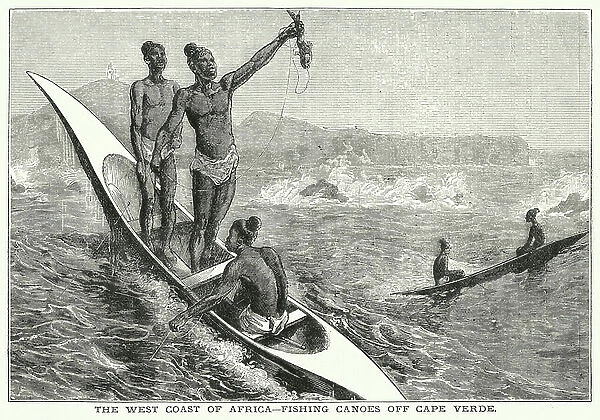 The west coast of Africa, fishing canoes off Cape Verde (engraving)