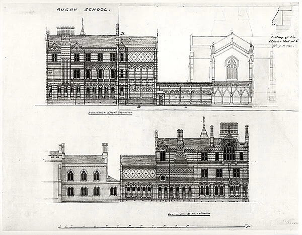 West and North Elevations, New School, Rugby School, 1867 (black ink