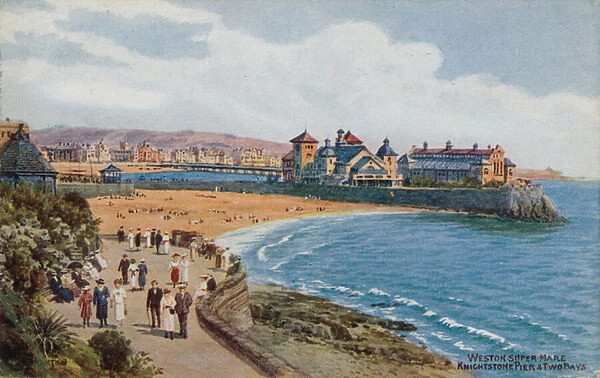 Weston-Super-Mare, Knightstone Pier and Two Bays (colour litho)