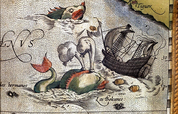 A whale attacks a ship. Plate from an edition of 'Theatrum Orbis Terrarum'