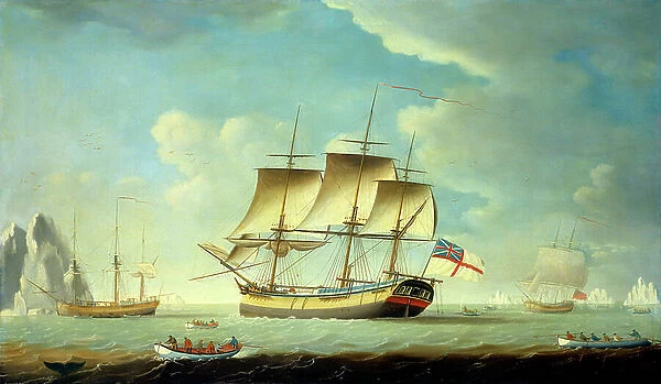 A whaler and other vessels in a light breeze, c.1790 (oil on canvas)