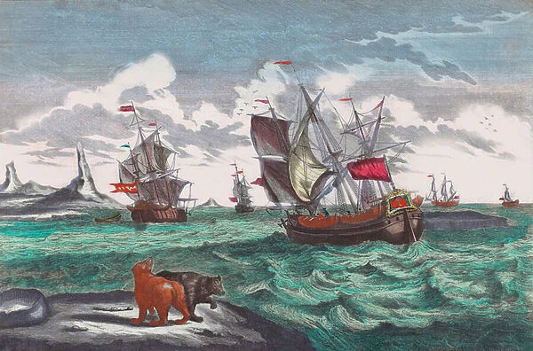 Whaling fleet off Greenland in the 18th century (engraving)