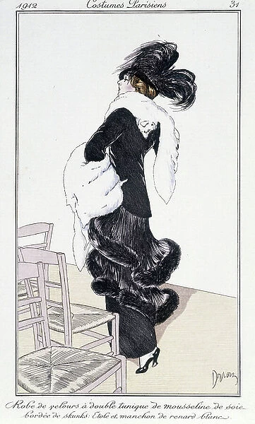 White fox velvet dress and stole and sleeve - in 'Journal des Dames et de la mode: Costumes Parisiens', no. 31, 1912
