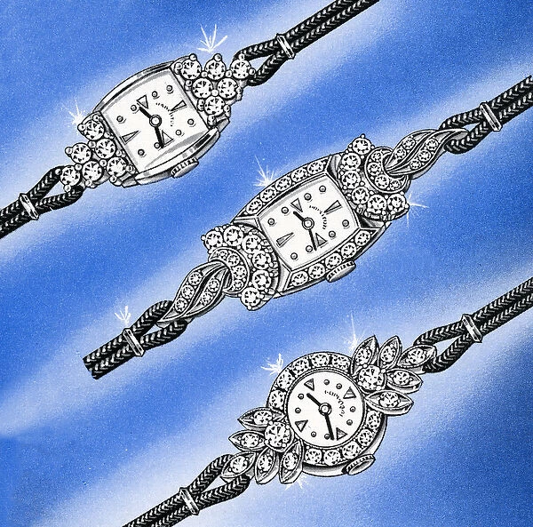 Three White Gold and Diamond Ladies Watches, 1958 (screen print)