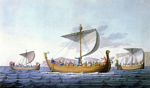 William the Conqueror and his Navy, going to England, illustration from Le costume ancien ou moderne, by J. Ferrario, Milan, c. 1820 (colour engraving)