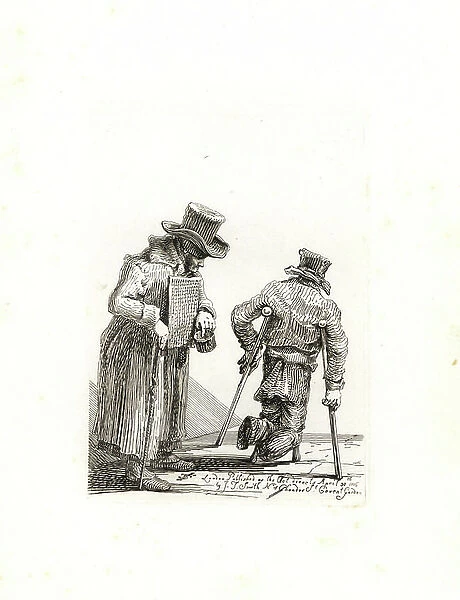 William Kinlock, blind beggar, with begging bowl. Begs at Furnival's Inn and Portugal Street. Worked as a lathe turner before losing his sight under Lord Heathfield at the Siege of Gibraltar. With another disabled beggar on crutches