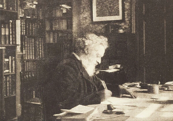 William Morris in his library at Kelmscott House, Hammersmith, 1890s (b / w photo)