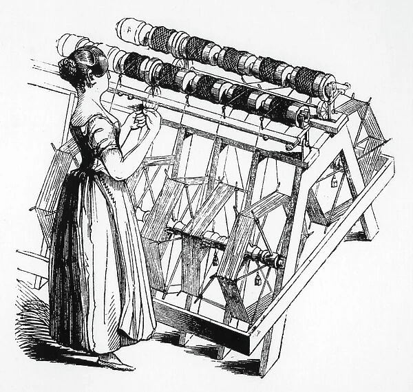 Winding machine for transferring raw silk from hangs to bobbins, 1843