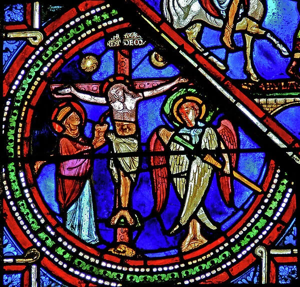 Window depicting the Crucifixion, Mary collecting the Blood of Christ as a Seraphim stands by (stained glass)