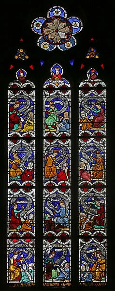 Window depicting Pyschomachia: the Vices and Virtues (stained glass)