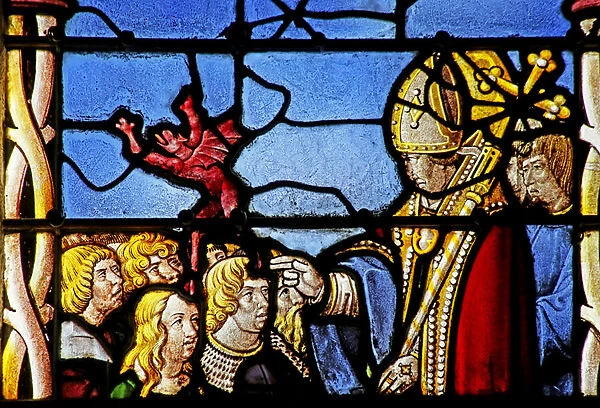 Window depicting Saint Cler: exorcises a demon from Hasterie (stained glass)