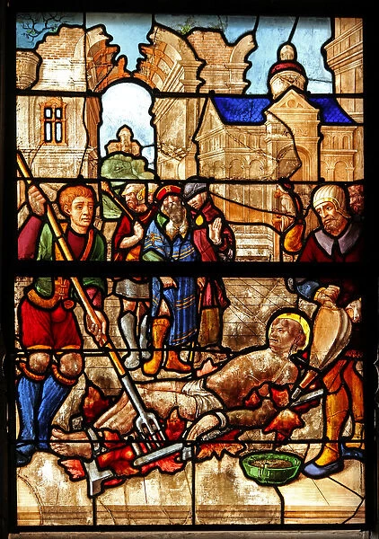 Window w46 depicting the martyrdom of St Lawrence (stained glass)
