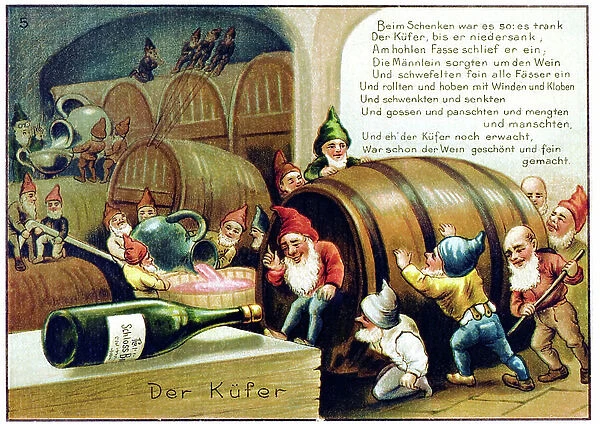 The wine cellar. Illustration of ' The Brownies', legend of the 19th century reproduced in the poem ' Die Heinzelmannchen zu Koln' by August Kopisch (1799-1853)
