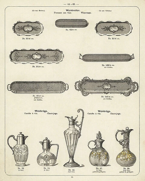 Wine trays and claret jugs. Lithograph from a catalog of metal products manufactured by Wuerttemberg Metalware Factory, Geislingen, Germany, 1896.- Catalogue of metal products manufactured by Wuerttemberg Metalware Factory, Geislingen, Germany