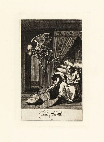 The winged skeleton of Death flies off with a baby. 1792. 1926 (engraving)