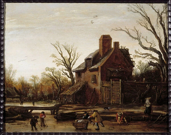 Winter Landscape Ice skaters playing hockey, fishing. Painting by Esaias Van de Velde