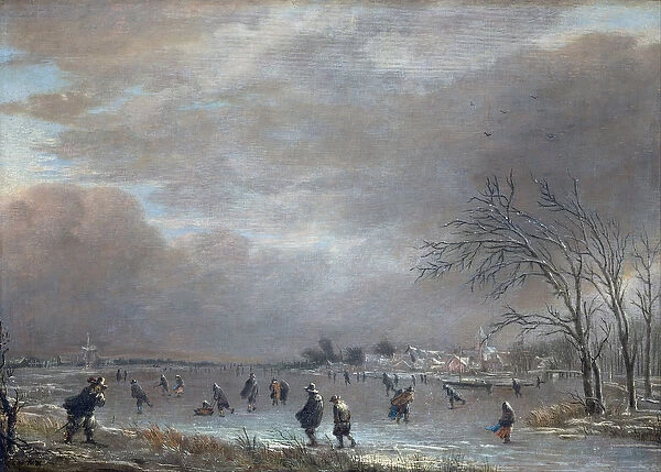 Winter Landscape with Skaters on a Frozen River (oil on panel)