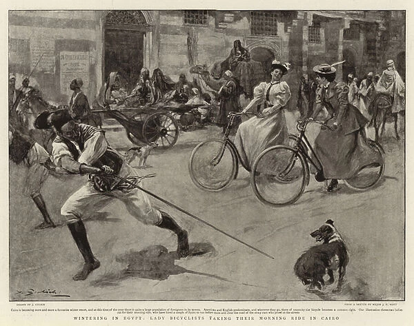 Wintering in Egypt, Lady Bicyclists taking their Morning Ride in Cairo (litho)