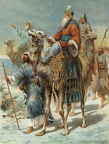 The wise men seeking Jesus (colour litho)