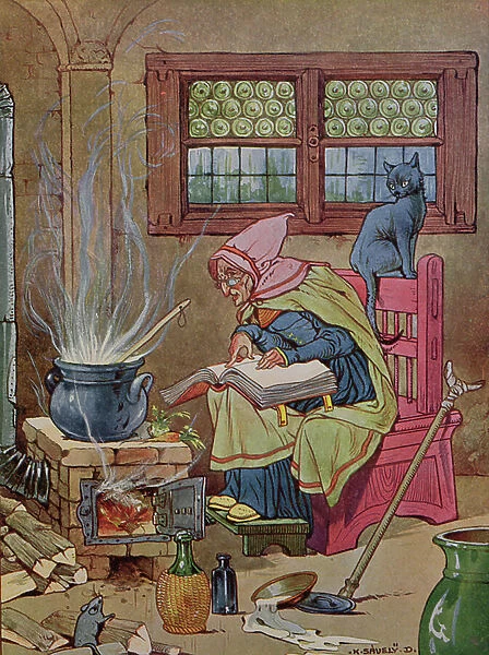 Witch, illustration from a book of tales, c. 1910-20 (colour engraving)