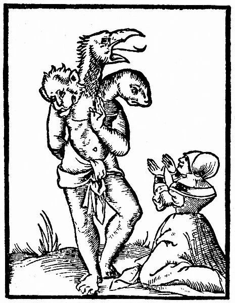 Witch summoning up a monster. This was supposed to have happened in front of Marcomir, King of the Franks. Woodcut from Sebastian Munster Cosmographia universalis, Basle, 1544