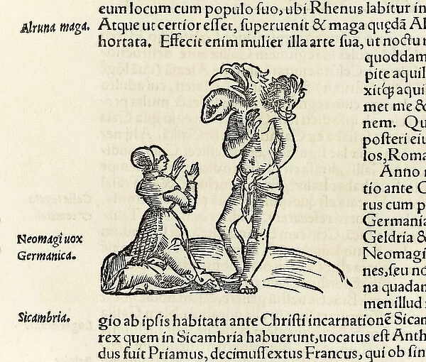 A witch summons a three headed demon, from 1550 edition of Cosmographia