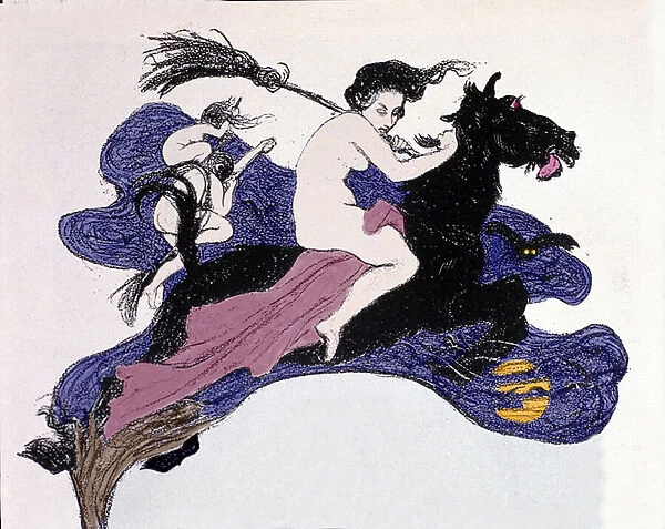 Witches moving in the air. Illustration by Angelo Jank (1868-1940) for Jugend, 1899