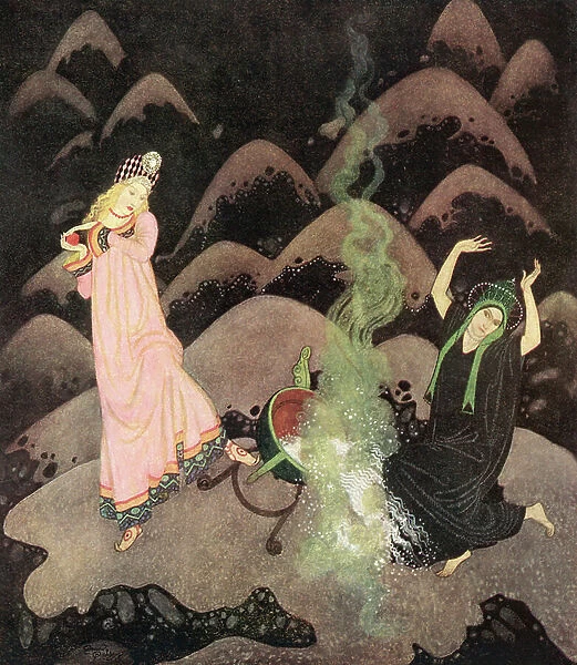 'With a scream the Princess rushed forward, and, before her wicked sister could prevent her, she had upset the cauldron with a crash', illustration from the Russian fairytale The Fire Bird