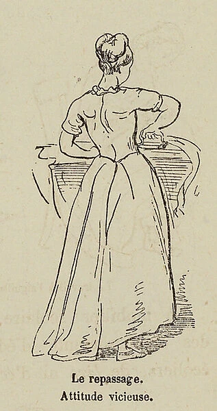Woam ironing with bad posture (engraving)