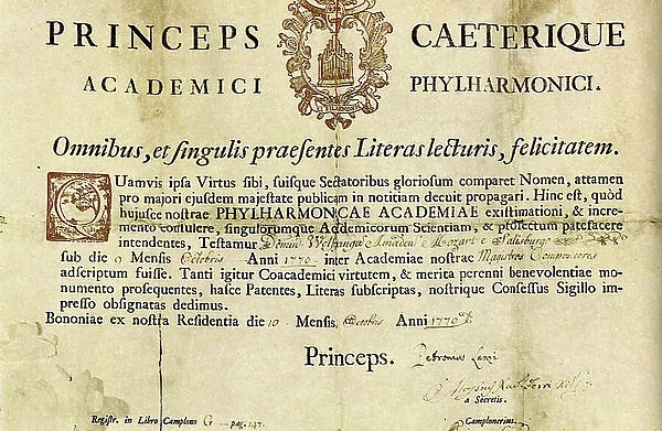 Wolfgang Amadeus MOZART (1756-1791) Diploma of member of the Accademia filarmonica di Bologna (Philharmonic Academy of Bologna), issued to Mozart on October 10, 1770 by unanimity of the jury