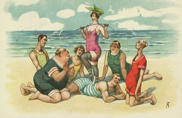 Woman and her admirers at the beach (colour litho)