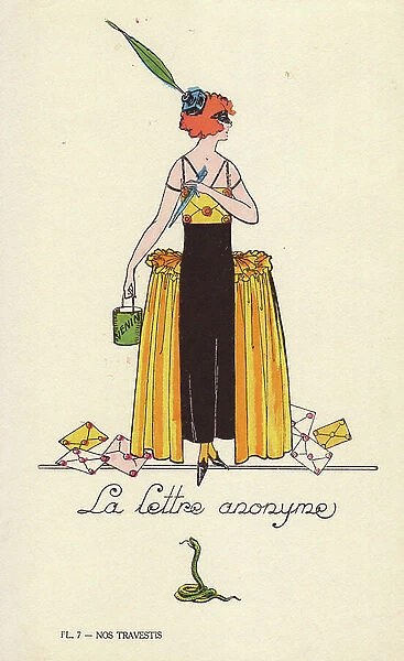 Woman in the anonymous letter (La lettre anonyme) costume, with mask, inkwell hat, quill pen and envelope bodice. She carries a bucket of snake venom. Lithograph by unknown artist with stencil handcolouring from ' Nos Travestis'