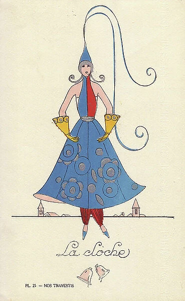 Woman in bell fancy dress costume, la bell, with bell-shaped hat, dress and gloves, and belltowers in the background. Lithograph by unknown artist with stencil handcolouring from ' Nos Travestis' (Our Fancy Dress Costumes), Paris, 1928