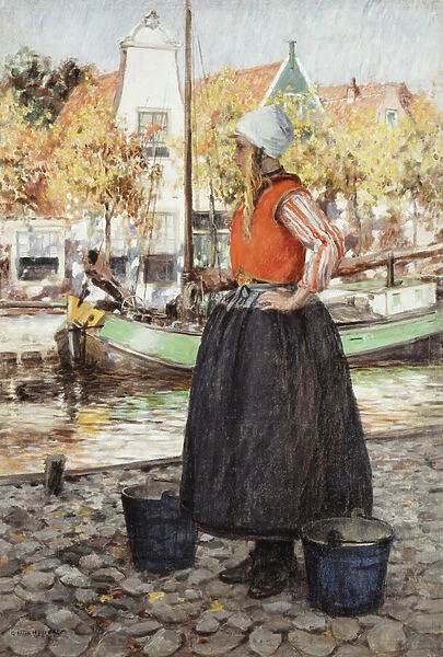 Woman Along Canal, (oil on canvas)